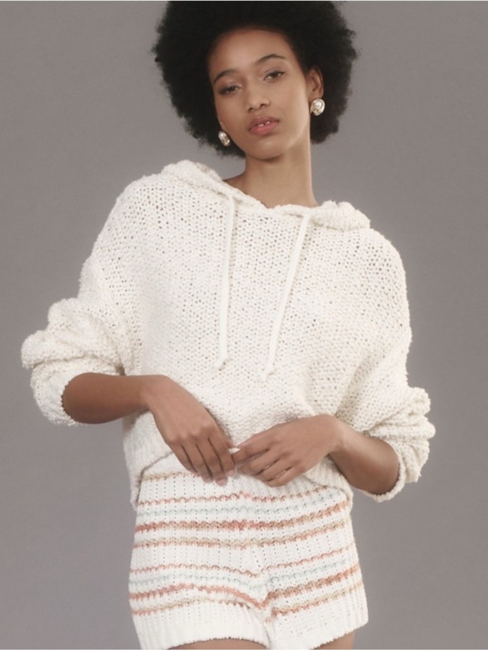 Pilcro Sailcloth Hooded Sweater Medium Ivory Chunky Knit Oversized M